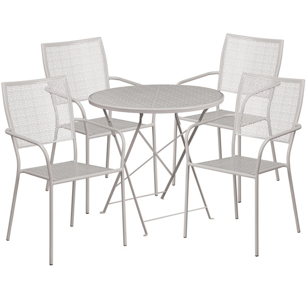 30'' Round Light Gray Indoor-Outdoor Steel Folding Patio Table Set with 4 Square Back Chairs