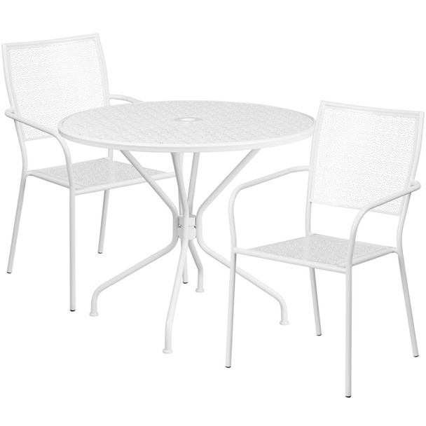 35.25'' Round White Indoor-Outdoor Steel Patio Table Set with 2 Square Back Chairs
