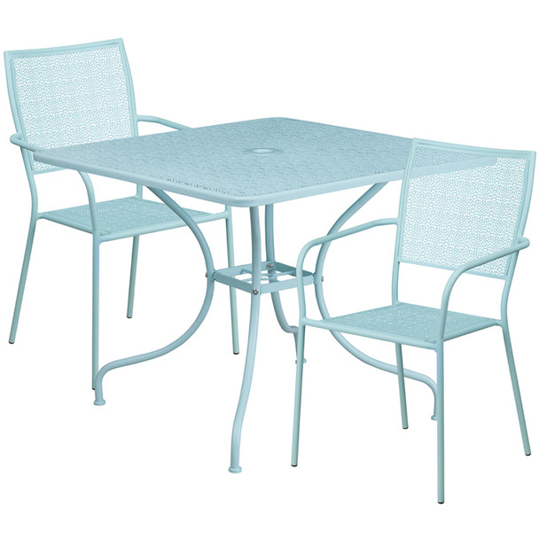 35.5'' Square Sky Blue Indoor-Outdoor Steel Patio Table Set with 2 Square Back Chairs
