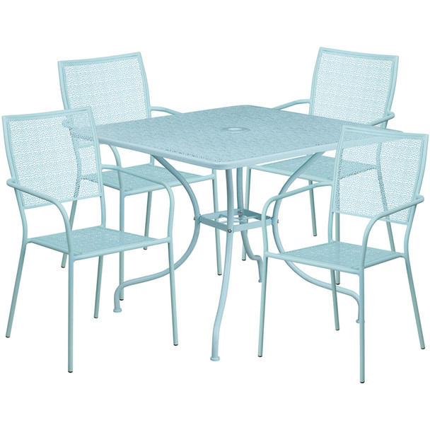 35.5'' Square Sky Blue Indoor-Outdoor Steel Patio Table Set with 4 Square Back Chairs