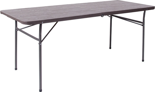 30''W x 72''L Bi-Fold Brown Wood Grain Plastic Folding Table with Carrying Handle