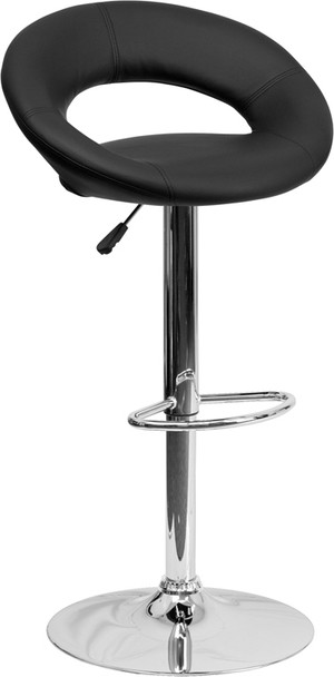 Contemporary Black Vinyl Rounded Orbit-Style Back Adjustable Height Barstool with Chrome Base