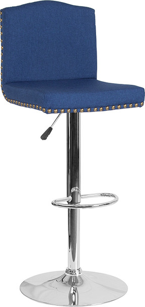 Bellagio Contemporary Adjustable Height Barstool with Accent Nail Trim in Blue Fabric