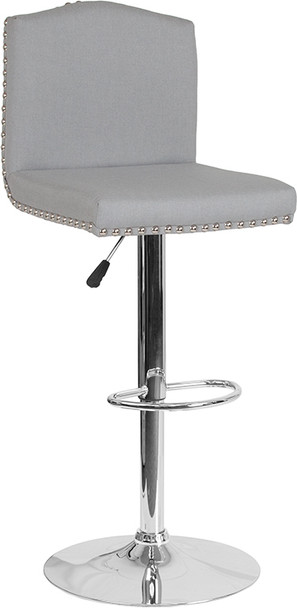 Bellagio Contemporary Adjustable Height Barstool with Accent Nail Trim in Light Gray Fabric