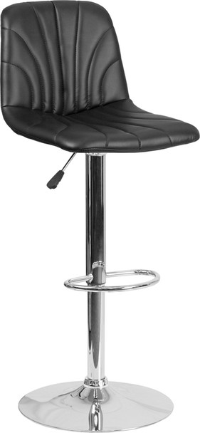 Contemporary Black Vinyl Adjustable Height Barstool with Embellished Stitch Design and Chrome Base