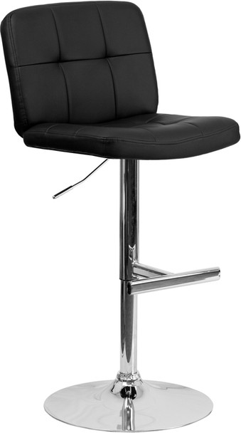 Contemporary Black Vinyl Adjustable Height Barstool with Square Tufted Back and Chrome Base