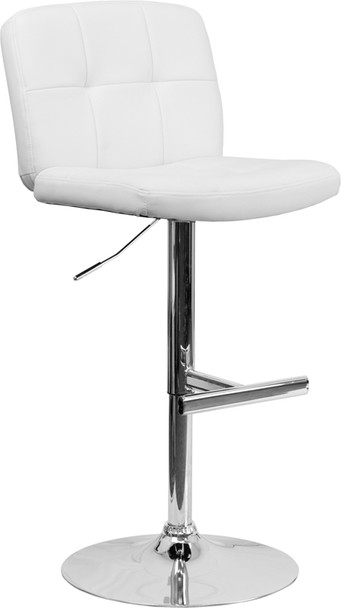 Contemporary White Vinyl Adjustable Height Barstool with Square Tufted Back and Chrome Base