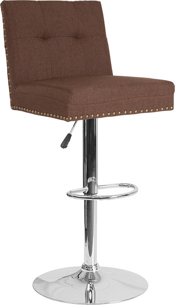 Ravello Contemporary Adjustable Height Barstool with Accent Nail Trim in Brown Fabric