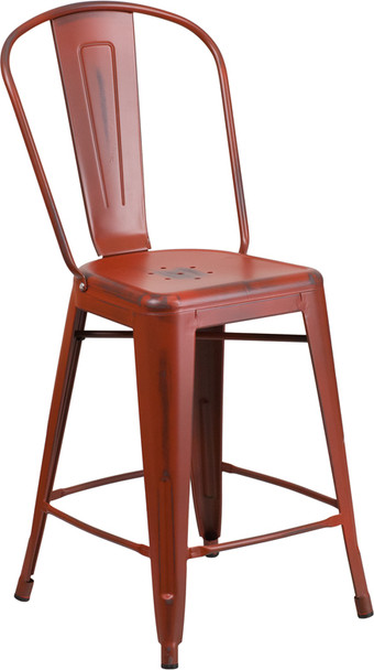 24'' High Distressed Kelly Red Metal Indoor-Outdoor Counter Height Stool with Back