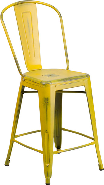 24'' High Distressed Yellow Metal Indoor-Outdoor Counter Height Stool with Back