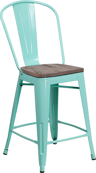 24" High Mint Green Metal Counter Height Stool with Back and Wood Seat