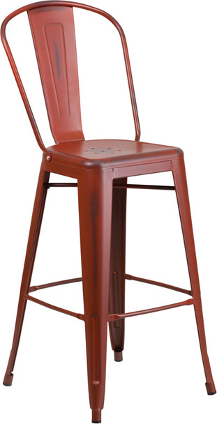 30'' High Distressed Kelly Red Metal Indoor-Outdoor Barstool with Back