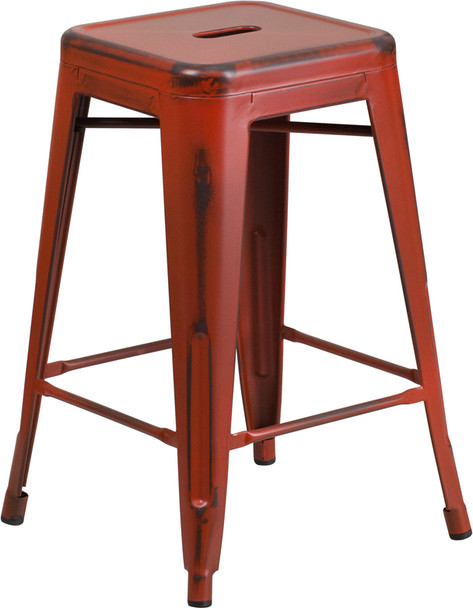 24'' High Backless Distressed Kelly Red Metal Indoor-Outdoor Counter Height Stool