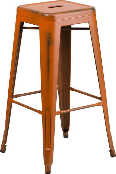 30'' High Backless Distressed Orange Metal Indoor-Outdoor Barstool