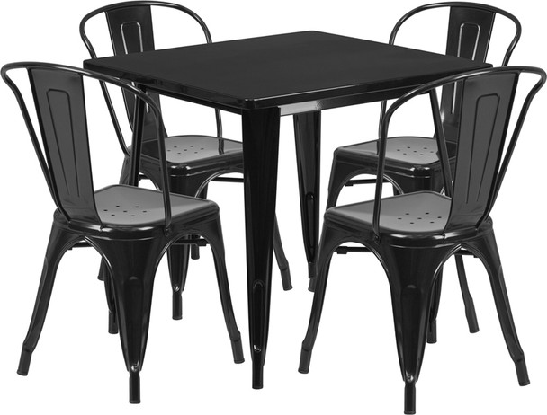 31.5'' Square Black Metal Indoor-Outdoor Table Set with 4 Stack Chairs