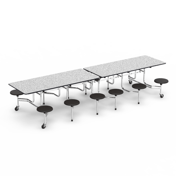 MT Series Mobile Stool Table, 148" x 30" Top, Black Stools, Grey Nebula Top, Black Edge, Chrome Frame