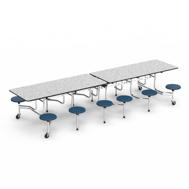 MT Series Mobile Stool Table, 148" x 30" Top, Navy Stools, Grey Nebula Top, Black Edge, Chrome Frame