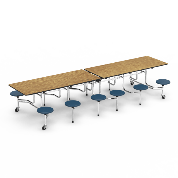 MT Series Mobile Stool Table, 148" x 30" Top, Navy Stools, Medium Oak Top, Black Edge, Chrome Frame