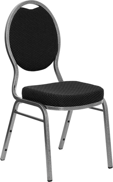 TYCOON Series Teardrop Back Stacking Banquet Chair in Black Patterned Fabric - Silver Vein Frame