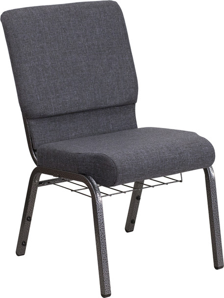 TYCOON Series 18.5''W Church Chair in Dark Gray Fabric with Book Rack - Silver Vein Frame