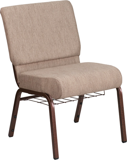 TYCOON Series 21''W Church Chair in Beige Fabric with Book Rack - Copper Vein Frame