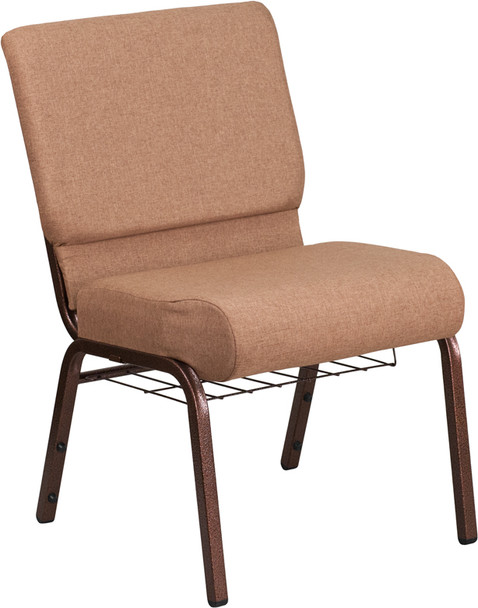 TYCOON Series 21''W Church Chair in Caramel Fabric with Cup Book Rack - Copper Vein Frame