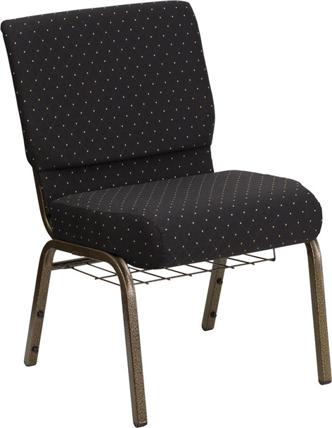 TYCOON Series 21''W Church Chair in Black Dot Patterned Fabric with Cup Book Rack - Gold Vein Frame