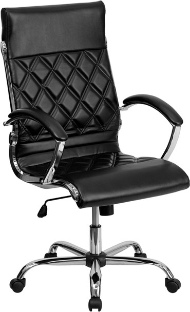High Back Designer Quilted Black Leather Executive Swivel Office Chair with Chrome Base and Arms