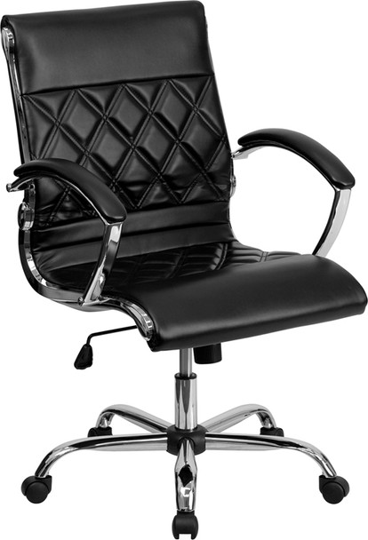 Mid-Back Designer Black Leather Executive Swivel Office Chair with Chrome Base and Arms