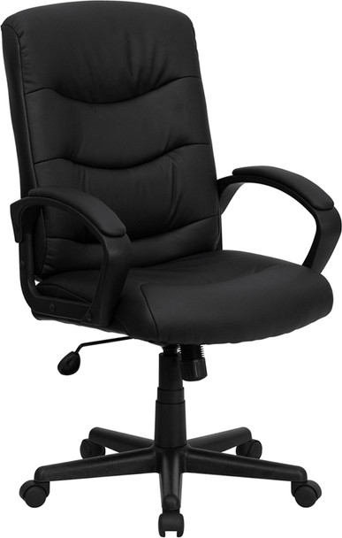 Mid-Back Black Leather Executive Swivel Office Chair with Three Line Horizontal Stitch Back and Arms
