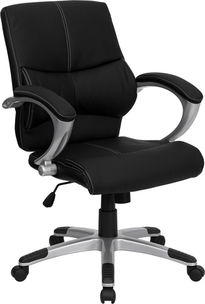 Mid-Back Black Leather Contemporary Swivel Manager's Office Chair with Arms