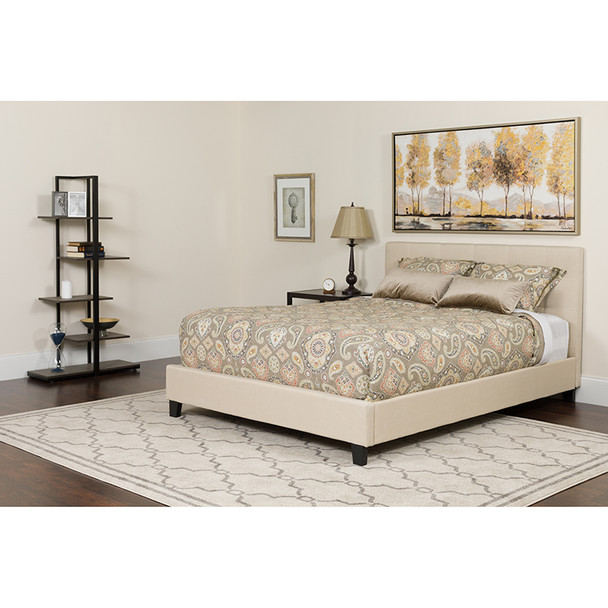 Tribeca Full Size Tufted Upholstered Platform Bed in Beige Fabric with Pocket Spring Mattress