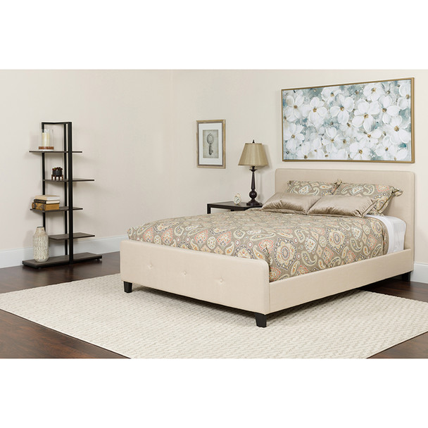 Tribeca King Size Tufted Upholstered Platform Bed in Beige Fabric with Pocket Spring Mattress