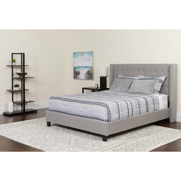 Riverdale Twin Size Tufted Upholstered Platform Bed in Light Gray Fabric with Memory Foam Mattress
