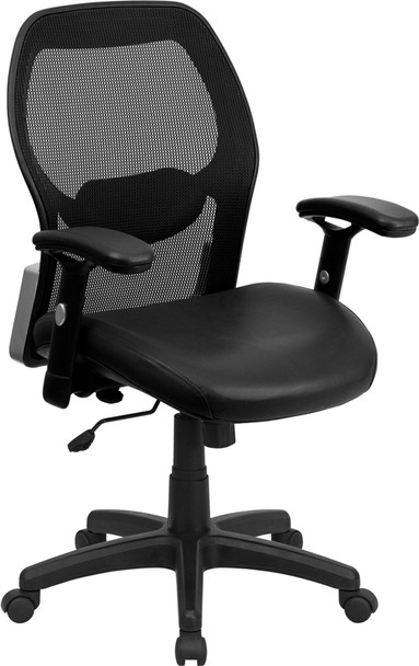 Mid-Back Black Super Mesh Executive Swivel Office Chair with Leather Seat and Adjustable Lumbar & Arms