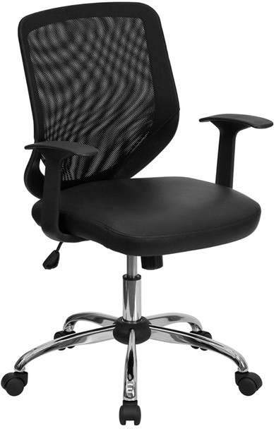 Mid-Back Black Mesh Tapered Back Swivel Task Office Chair with Leather Seat, Chrome Base and T-Arms