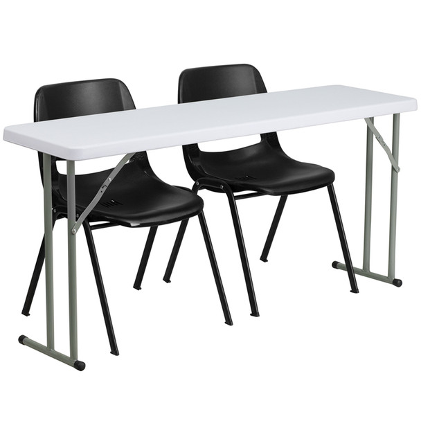 18'' x 60'' Plastic Folding Training Table Set with 2 Black Plastic Stack Chairs