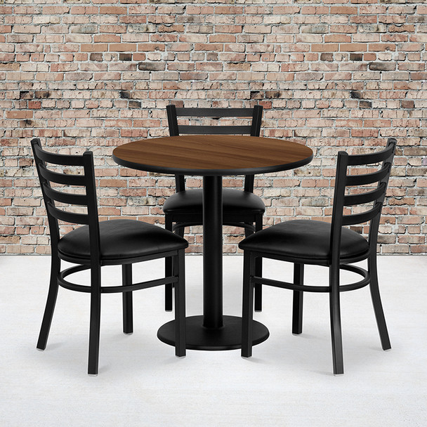 30'' Round Walnut Laminate Table Set with 3 Ladder Back Metal Chairs - Black Vinyl Seat