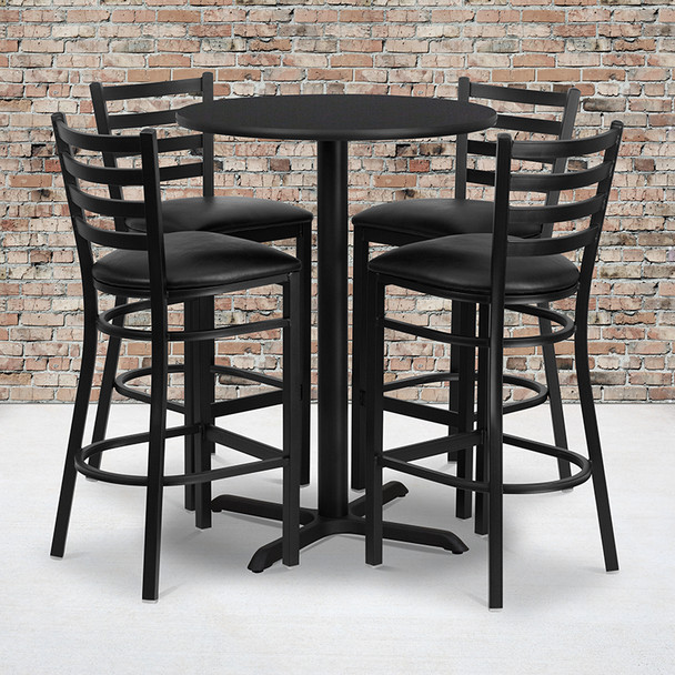 30'' Round Black Laminate Table Set with X-Base and 4 Ladder Back Metal Barstools - Black Vinyl Seat