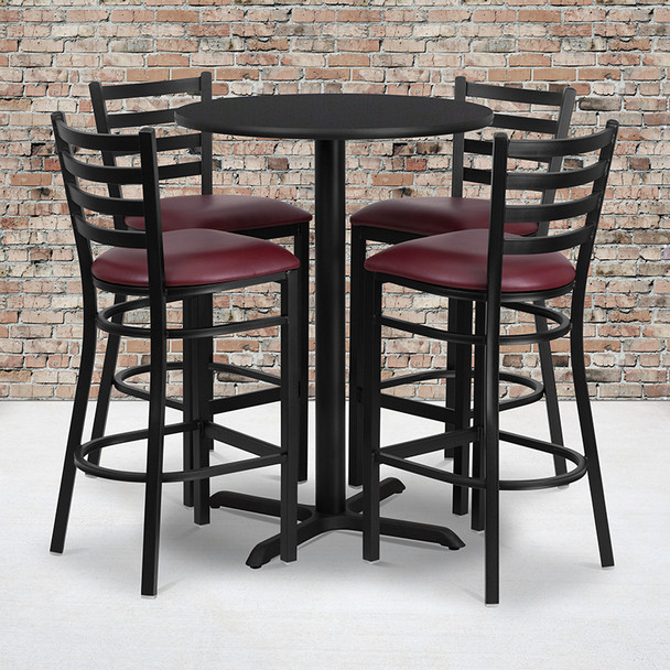 30'' Round Black Laminate Table Set with X-Base and 4 Ladder Back Metal Barstools - Burgundy Vinyl Seat