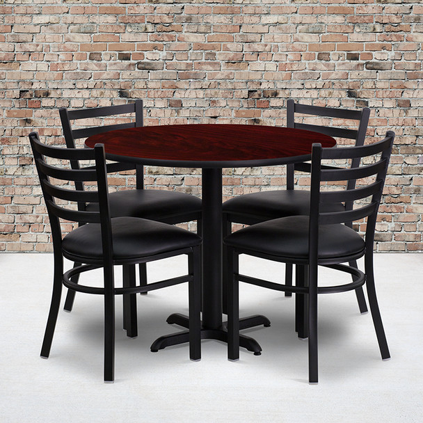 36'' Round Mahogany Laminate Table Set with X-Base and 4 Ladder Back Metal Chairs - Black Vinyl Seat