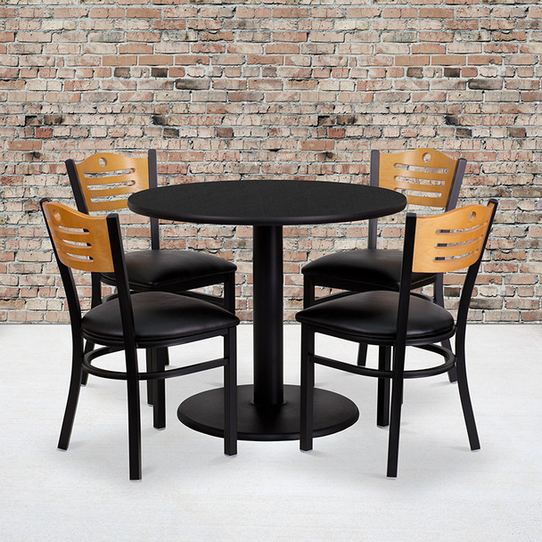 36'' Round Black Laminate Table Set with 4 Wood Slat Back Metal Chairs - Black Vinyl Seat