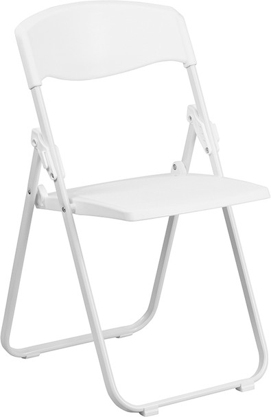 TYCOON Series 880 lb. Capacity Heavy Duty White Plastic Folding Chair with Built-in Ganging Brackets