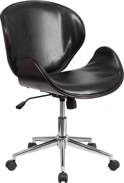 Mid-Back Mahogany Wood Conference Office Chair in Black Leather