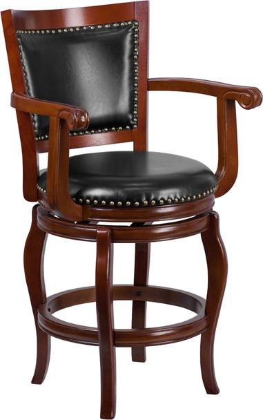 26'' High Cherry Wood Counter Height Stool with Arms, Panel Back and Black Leather Swivel Seat