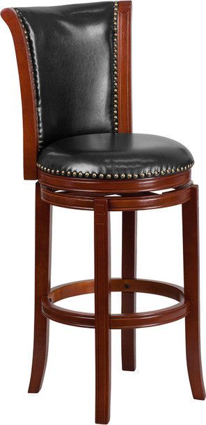 30'' High Dark Chestnut Wood Barstool with Panel Back and Black Leather Swivel Seat