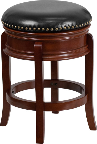 24'' High Backless Light Cherry Wood Counter Height Stool Carved Apron and Black Leather Swivel Seat