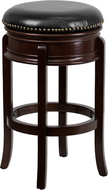 29'' High Backless Cappuccino Wood Barstool with Carved Apron and Black Leather Swivel Seat