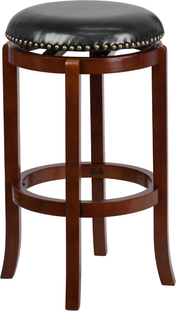 29'' High Backless Light Cherry Wood Barstool with Black Leather Swivel Seat