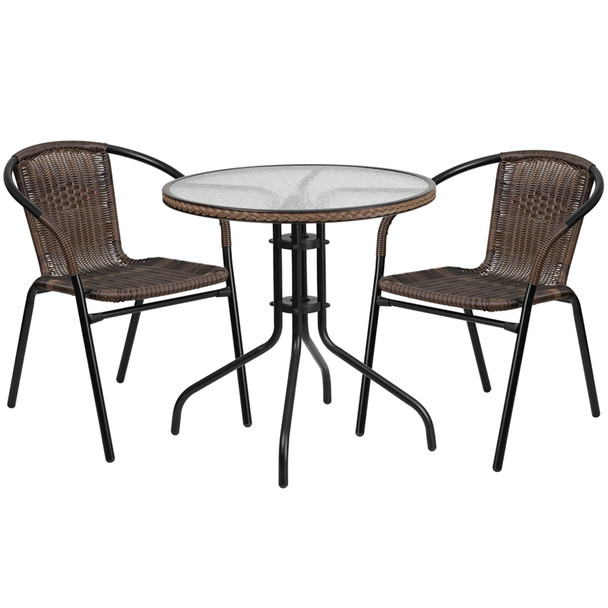 28'' Round Glass Metal Table with Dark Brown Rattan Edging and 2 Dark Brown Rattan Stack Chairs